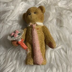 Adorable Tan Teddy Bear Figurine with Pink Tie